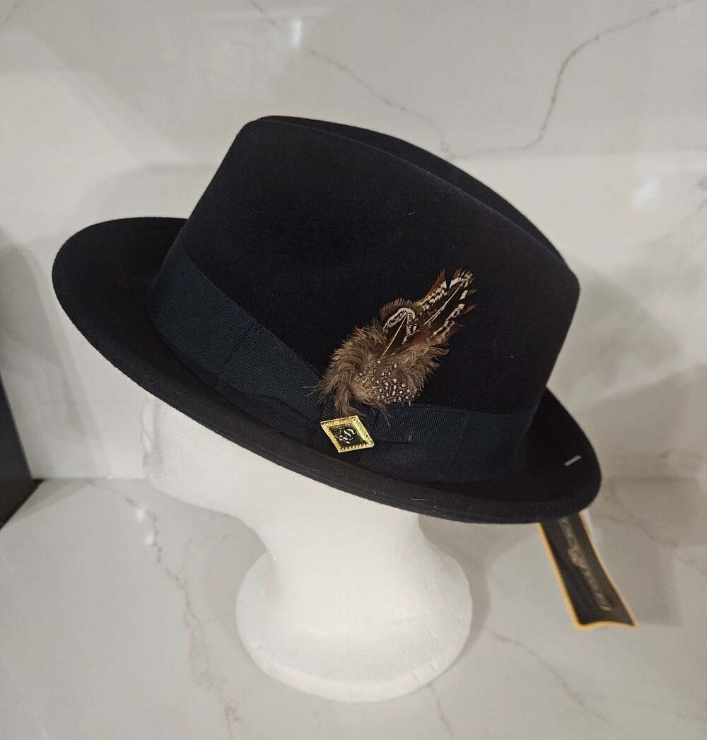 Stacy Adams Men's Black Wool Felt Homburg Fedora Hat with Feather Detail